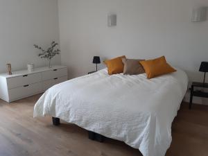 een slaapkamer met een wit bed en een wit dressoir bij Bulle d'Ardenne in Charleville-Mézières