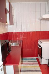 una cucina piastrellata in rosso e bianco con lavandino di Pescarul Deltei a Murighiol