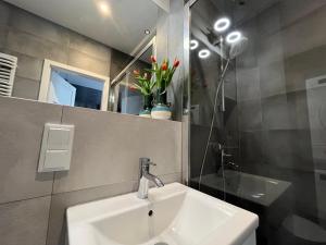 a bathroom with a sink and a mirror at Apartament Starowiejska 54 in Gdańsk