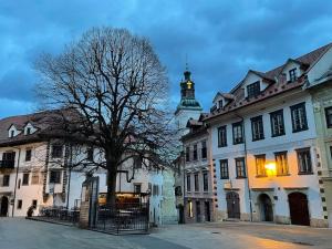 eine Stadtstraße mit Gebäuden und einem Turm im Hintergrund in der Unterkunft Mr. Bens cottage in Škofja Loka