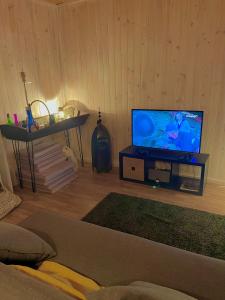 a living room with a flat screen tv on a table at Douro in Melres