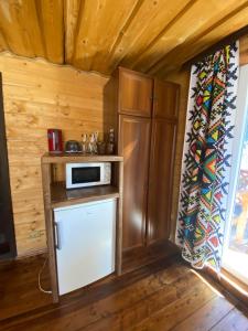 Una pequeña cocina con microondas y nevera. en Сімейний номер 2 Садиба У Ані, en Synevyrsʼka Polyana