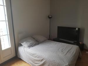 een slaapkamer met een bed en een flatscreen-tv bij Maison de village proche de l'étang et de la mer in Marseillan