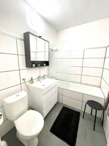 Baño blanco con aseo y lavamanos en **Modernes Apartment in zentraler Lage** en Graz