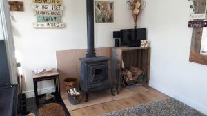 sala de estar con chimenea y TV en Thyme Cottage en Whitby