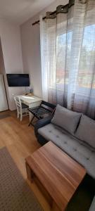 uma sala de estar com um sofá e uma mesa em Studio apartman Zara em Kastav