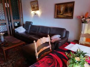 a living room with a couch and a leather sofa at Unterhalt in 53m2 gross mit Internet TV Küche Mit schöner Aussicht 53 m2 in zwischen Olten und Aarau in Lostorf