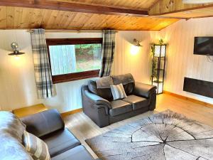 a living room with a leather couch and a television at Snowdrop 13-Hot Tub-Woodlandlodges-Carmarthenshire in Carmarthen