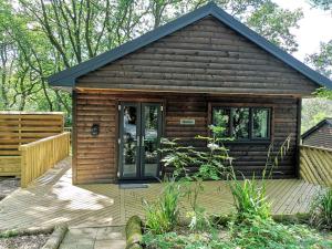 a small wooden cabin with a wooden deck at BlueStone-Hot Tub-Woodlandlodges-Pembrokeshire-Tenby in Carmarthen