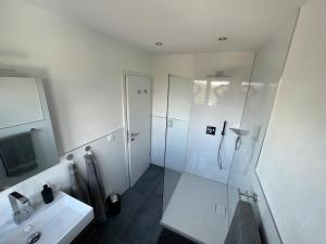 La salle de bains est pourvue d'une douche et d'un lavabo. dans l'établissement Ferienwohnung Niederbarge, à Barge