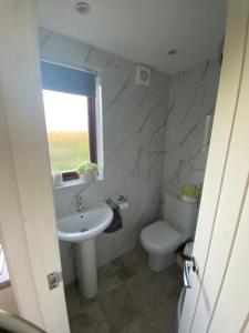 baño con lavabo y aseo y ventana en The Wee house at the cottage, en Annan