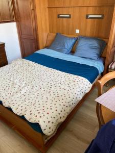 ein Bett mit blauen Kissen auf einem Boot in der Unterkunft Un appartement au château de Locquéran Finistère in Plouhinec