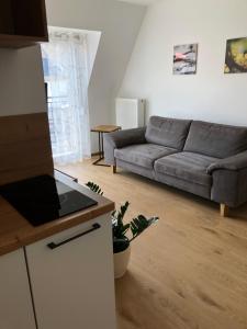 a kitchen and a living room with a couch at Wein und Gästehaus Hüls in Kröv