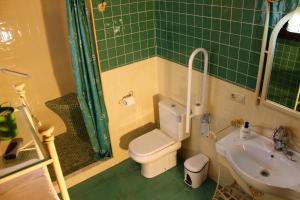 Baño de azulejos verdes con aseo y lavamanos en Casa Aurora, en Carcabuey