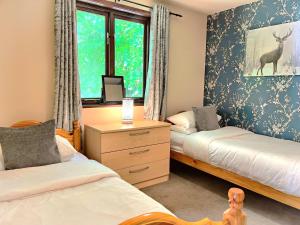 a bedroom with two beds and a window at BlueBell 16-Hot Tub-Woodland Lodges-Pembrokeshire in Carmarthen