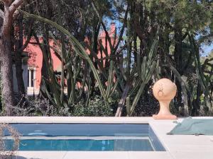 um vaso e um vaso sentado ao lado de uma piscina em Petra - Country House em Monteroni di Lecce