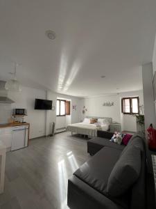 a living room with a couch and a bed at Marujita Vilanova, alojamiento singular in Villanueva de Arosa