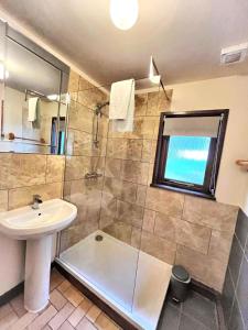 W łazience znajduje się umywalka i prysznic. w obiekcie Primrose 18 Hot Tub-Tenby w mieście Carmarthen