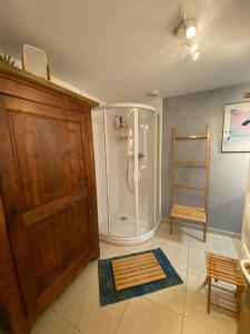 a bathroom with a shower and a wooden cabinet at LE RUCHER DE LA VIGNETTE in Le Grand-Bornand