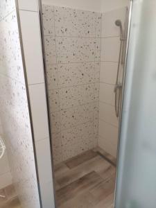 eine Dusche mit Glastür im Bad in der Unterkunft Apartmán Žďár in Saar