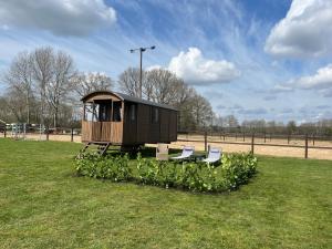une petite cabine dans un champ avec deux chaises dans l'établissement Pipowagen Het Kasteel, à Diever