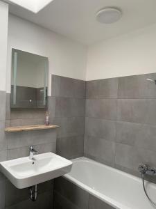a bathroom with a sink and a bath tub at Ferien- und Businessappartement am Lausitzring in Meuro