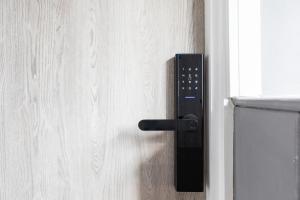 a black door handle on a wooden door at London Double Bedroom Hotel In Tufnell Park With WiFi in London