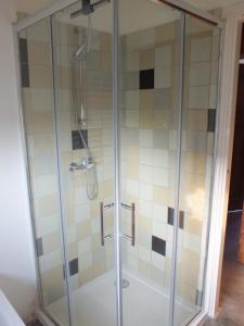 a shower with a glass door in a bathroom at Gezellig en knus huisje vlakbij het wad in Holwerd