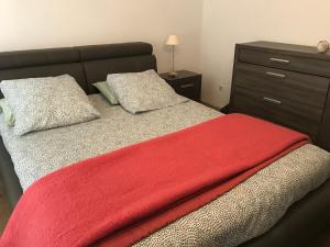 1 dormitorio con 1 cama con manta roja y vestidor en MAISON VILLAGE MARIGNANA, en Marignana