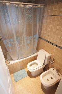 baño con aseo y cortina de ducha azul en Akum en Ushuaia
