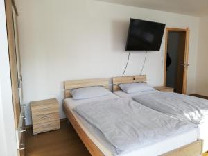 une chambre avec un lit avec une télévision à écran plat au mur dans l'établissement Ferienwohnungen Weishaupt Pfingstweider Straße 30, à Meckenbeuren