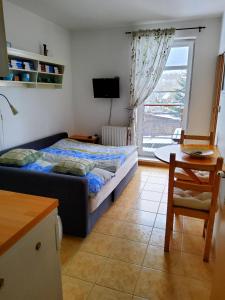 a bedroom with a bed and a table and a window at Apartmán Rokytka s balkonem in Rokytnice nad Jizerou