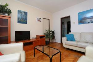 een woonkamer met een witte bank en een tv bij Apartment Rozman in Vozilići