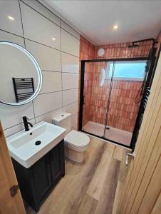 uma casa de banho com um WC, um lavatório e um espelho. em The Grimsay Cabin em Carinish