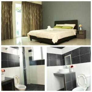 two pictures of a bedroom with a bed and a bathroom at Ipoh Tambun Lost World Le Greens in Ipoh