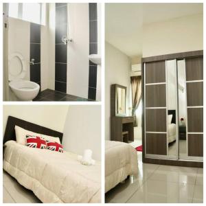 zwei Bilder von einem Schlafzimmer mit Bett und einem Badezimmer in der Unterkunft Ipoh Tambun Lost World Le Greens in Ipoh
