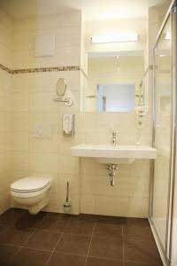 a bathroom with a toilet and a sink and a shower at Tinschert Hotel-Restaurant-Partyservice in Schwertberg