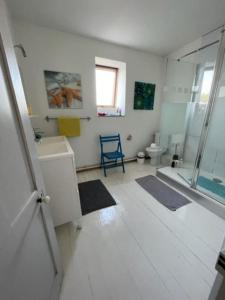 a bathroom with a shower and a sink and a toilet at Grande maison proche mer, centre Wimereux in Wimereux