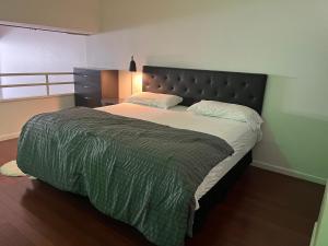 um quarto com uma cama grande e um cobertor verde em Full loft-style apartment near Omni em New Haven