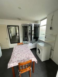 a kitchen with a table and a washing machine at Studio Dedemsvaart Two nights and more in Dedemsvaart