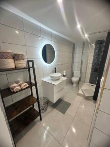 uma casa de banho branca com um lavatório e um WC em Joli appartement au calme avec place de parking privé em Saint-Jean-Bonnefonds