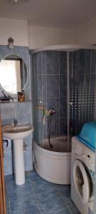 ein Bad mit einer Dusche und einer Waschmaschine in der Unterkunft Fely Room in Petroşani
