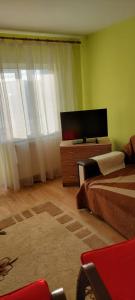 een slaapkamer met een bed en een flatscreen-tv bij Fely Room in Petroşani