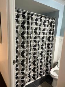 uma casa de banho com uma cortina de chuveiro em preto e branco em Full loft apartment near Omni Hotel em New Haven