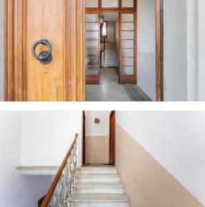 uma escada numa casa com uma porta de madeira em Appartamento La sosta em San Romano