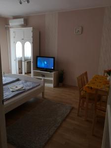 a living room with a bed and a tv and a table at Natasa Apartman in Orosháza