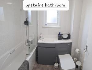 a bathroom with a sink and a toilet and a shower at Pinewood House Grimsby in Bradley