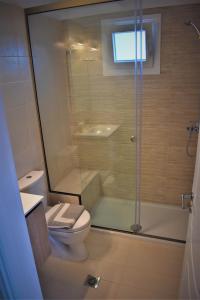 a bathroom with a toilet and a glass shower at Christina's apartment 2 in Kontokali