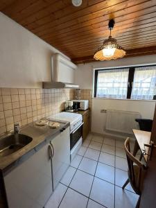a kitchen with a sink and a stove at Pension Ernst im Herzen des Pfälzerwaldes mit Küche in Elmstein