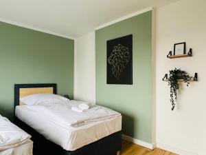 een slaapkamer met groene en witte muren en een bed bij Sali - E3 - WLAN, TV in Essen